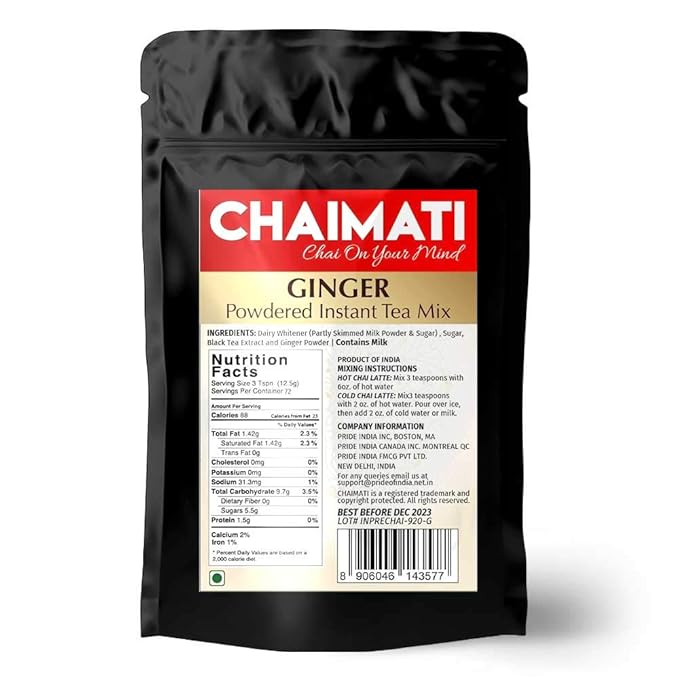 ChaiMati - Ginger Chai Latte - Powdered Instant Tea Premix 2 Pound Jar - Makes 100 Cups - Hot or Iced Very Low Caffeine Ready in seconds Great for Gifting &amp Parties - gets Chai on your Mind