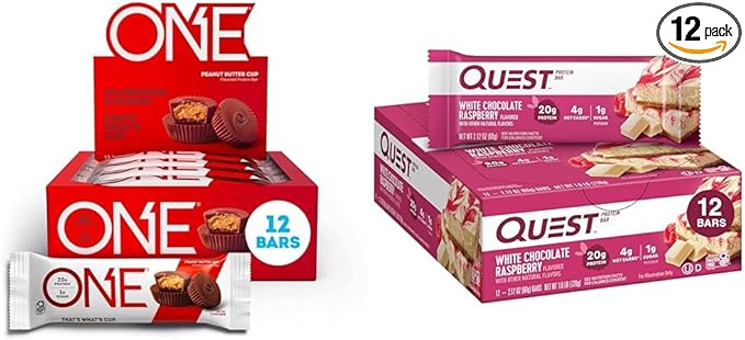 ONE Protein Bars Gluten Free with 20g Protein Quest Nutrition White Chocolate Raspberry Protein Bars High Protein Low Carb Gluten Free Bars 12 Count