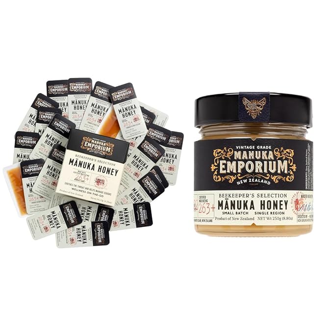 Manuka Emporium Raw Manuka Honey Bundle MGO 263+ | 8.8oz Jar &amp 24 x 0.18oz Single-Serve Packets | Certified Monofloral New Zealand Honey for Immune Support Wellness &amp Travel