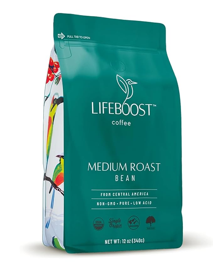 Lifeboost Organic Coffee Beans Medium Roast - Low Acid Single Origin Non-GMO Organic Whole Bean Coffee - Third Party Tested For Mycotoxins &amp Pesticides - 12 Ounces