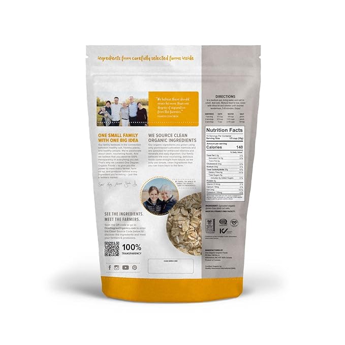 One Degree Organic Foods Sprouted Rolled Oats USDA Organic Non-GMO Gluten Free Oatmeal 24 oz. 4 Pack