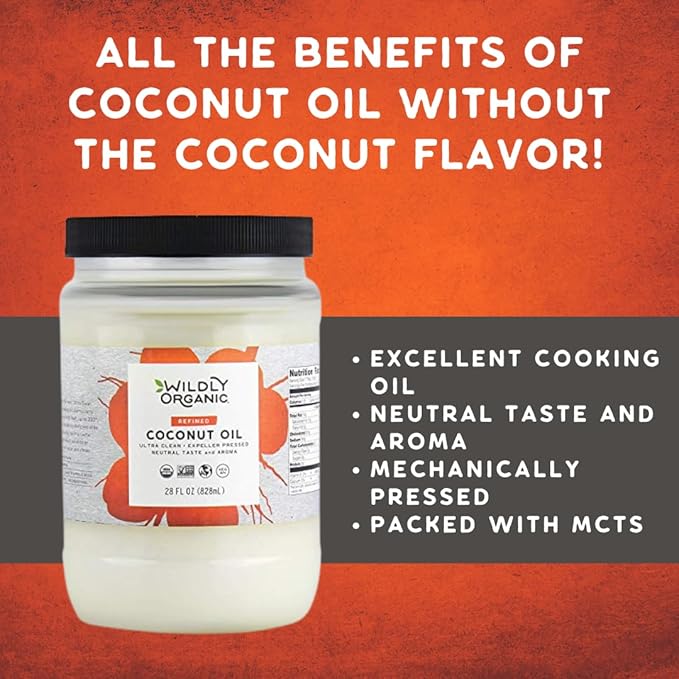 Wildly Organic Refined Coconut Oil 28 Fl Oz - Organic Non-GMO Vegan RBD No Coconut Flavor/Aroma (Neutral Flavor) | Perfect for Skin Hair Cooking &amp Baking - BPA-Free Container