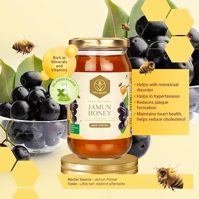 Shiva Organic's Jamun Nectar Honey - NMR Tested Natural Honey No Added Sugar Flavorful - 500g (17.63 Ounce)