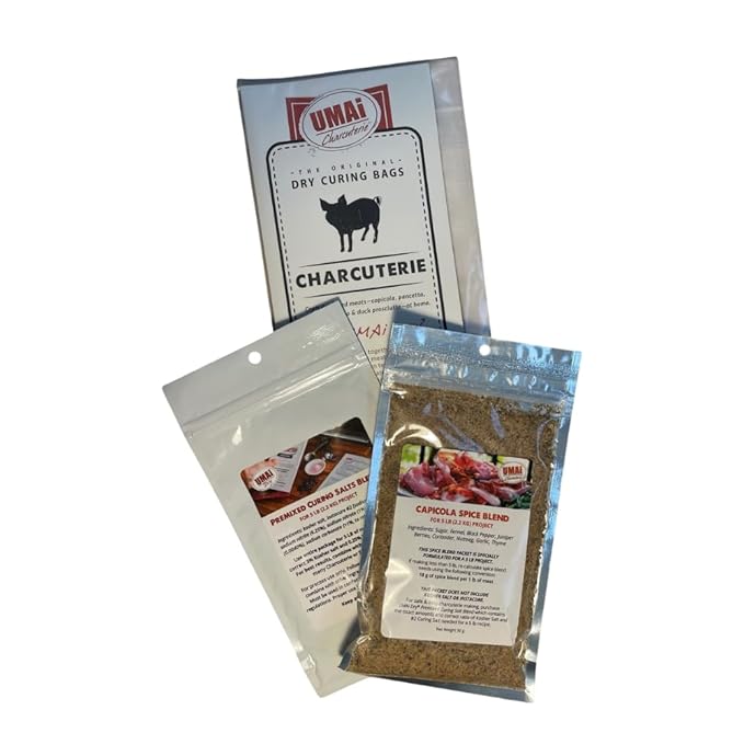 UMAi Dry Large Charcuterie Kit Easy Bundle Pack of 3 8x18 in Dry Aging Bags for 5 lbs of Meat Capicola Spice Blend &amp Premixed Curing Salt Create Gourmet Charcuterie Boards in Refrigerator Over