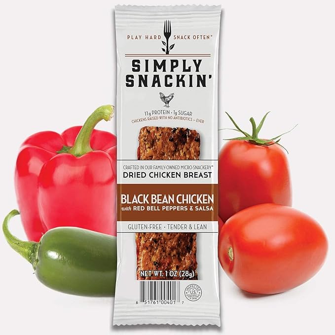 Simply Snackin' - Dried Chicken Breast Snacks High Protein Low Calorie Low Sugar Gluten Free Tender and Lean 20 Snack Pack (Black Bean Chicken with Red Bell Peppers &amp Salsa)