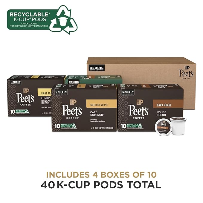 Peet's Coffee Keurig K-Cup Pods Variety Pack 100% Arabica Coffee - Luminosa Breakfast Blend Café Domingo Organic Alma De La Tierra House Blend 40 Count (4 Boxes of 10 Pods)
