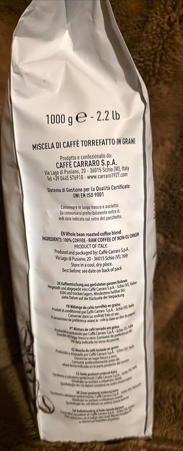 Carraro 1927 Aroma e Gusto Intenso Whole Bean Roasted Coffee Blend 1000g 2.2 lb