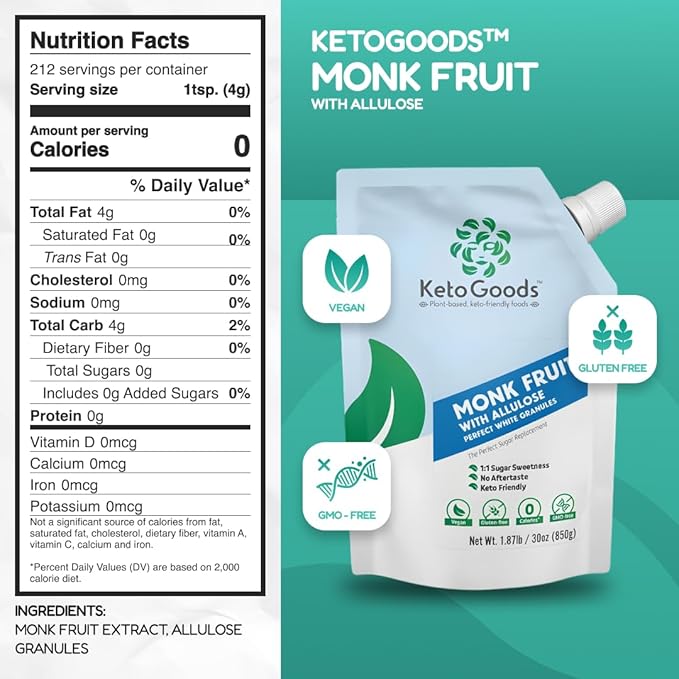 Keto Goods Monk fruit Sweetener with Allulose - White Sugar Substitute with 1:1 Sugar Sweetness No Erythritol - Ideal for Baking - Perfect White Allulose Granules - Keto Friendly Zero Calorie Sweetene