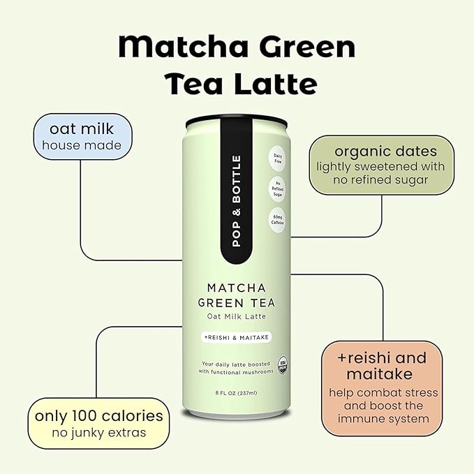 Pop &amp Bottle Classic and Matcha Oat Milk Lattes - Reishi and Maitake Mushrooms Green Tea Cold Brew Coffee Berry MCT Oil Organic Dairy &amp Gluten Free Vegan - 8 Fl Oz (Pack of 12) 6 Eac