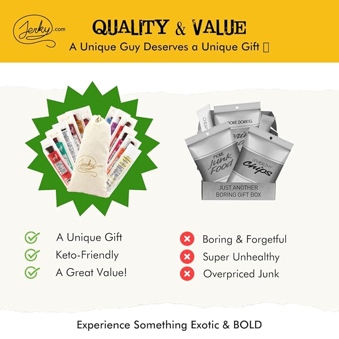 Jerky.com Exotic Meat Sticks Gift Bag | Wild Game Jerky Sampler with Venison Elk &amp Wild Boar | 12pc High Protein Jerky Gift basket | Unique Birthday Gifts for Men