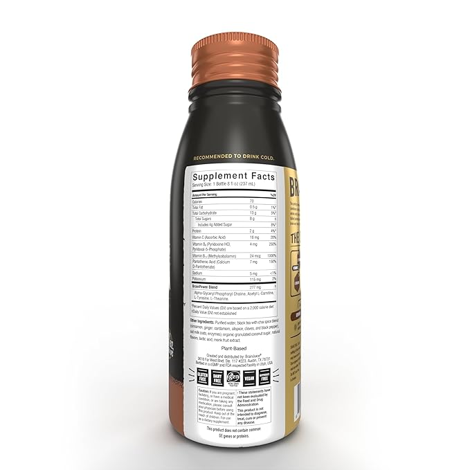BrainJava Oat Milk Chai Tea Latte Ready to Drink Beverage With L-Theanine Vitamin C Vitamin B and Potassium for Daily Balance and Wellness Naturally Caffeine Free Black Tea With Spices 8 Fl Oz