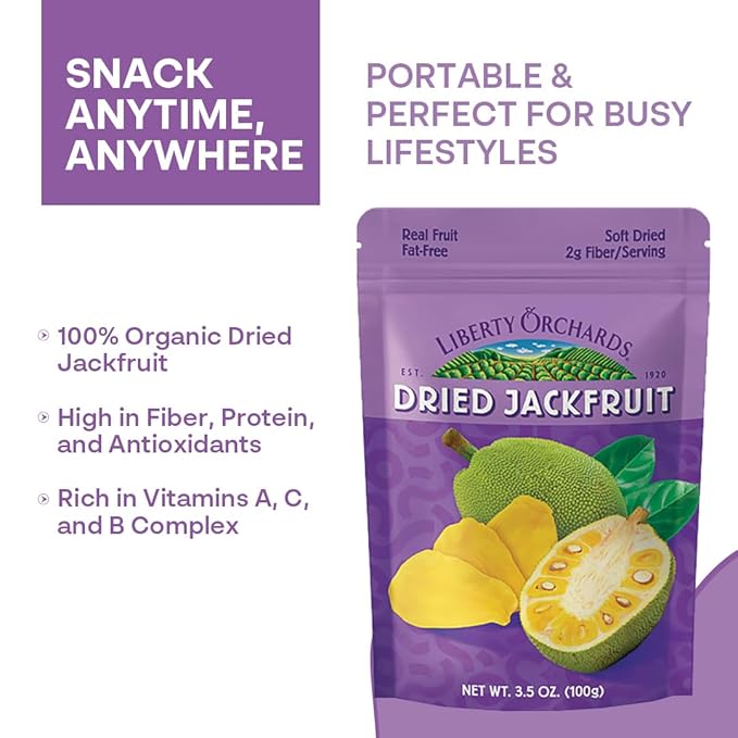 Liberty Orchard Organic Dried Jackfruit - Naturally Sweet Fruit Snacks for Healthy Digestion &amp Busy Lifestyles - Enjoy the Bold Flavor of Jackfruit with Fiber-Rich Snack Packs - 4 Pack