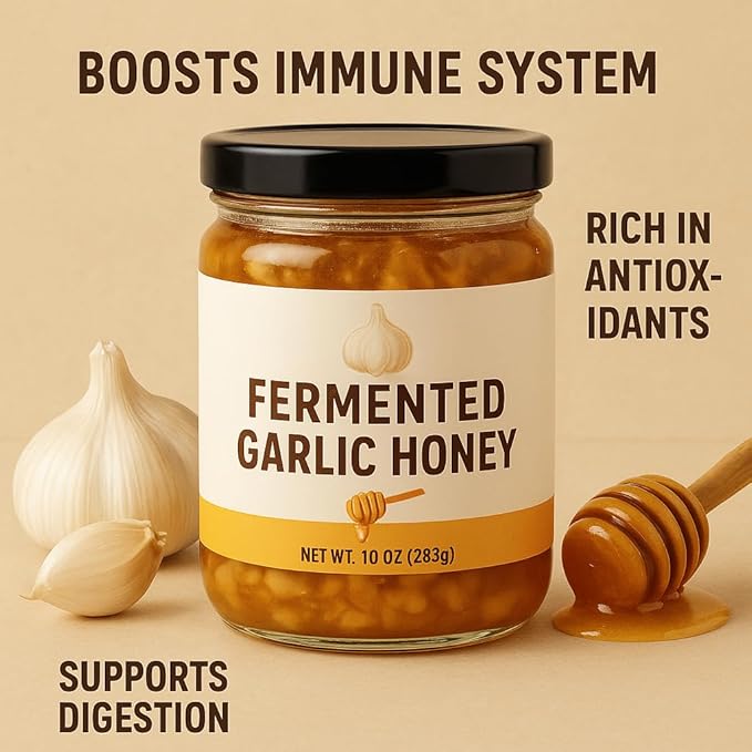 Fermented Garlic Honey - Overall Wellness. 100% Pure Raw Unfiltered Honey with Organic Fermented Garlic Cloves 10oz