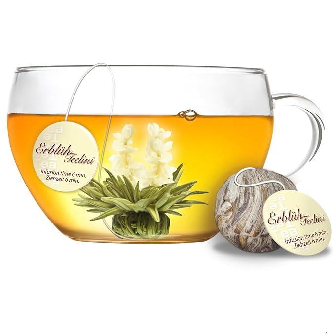 Creano Blooming Tea Tealini - Tea Flowers in Cup Size - Gift Set in Wooden Tea Box - 12 pcs in 8 Varieties - White Tea &amp Black Tea