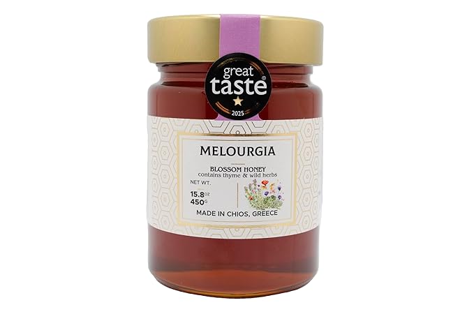Award-Winning! Premium Greek Blossom Honey – Raw &amp Unfiltered – From Wild Thyme and Mountain Herbs – 100% Pure – Harvested in Greece – 15.08 oz Glass Jar