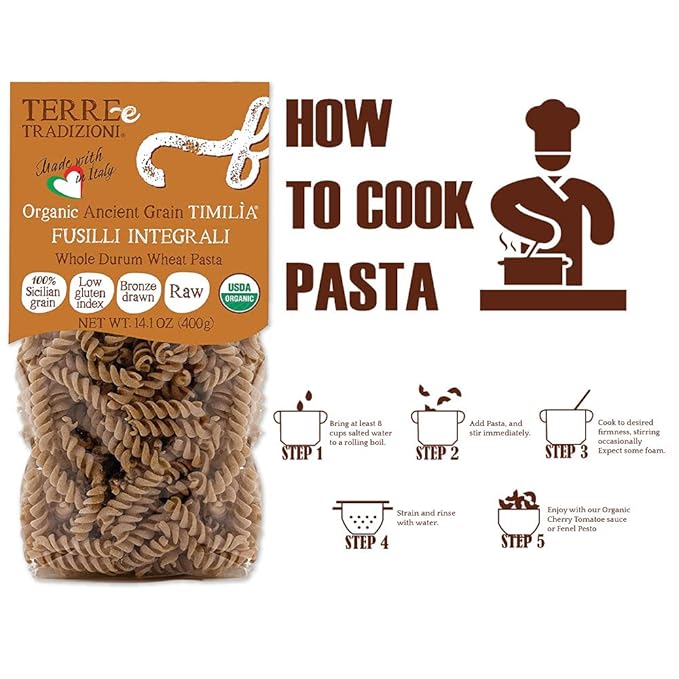 3 PACKS ORGANIC ITALIAN WHOLE DURUM WHEAT FUSILLI PASTA – Sicilian Ancient Grain Timilia Vegan Pasta Crafted in Italy. LOW-GLUTEN INDEX. Has 6X More Fiber and Protein than Popular Grains. Al dente tex