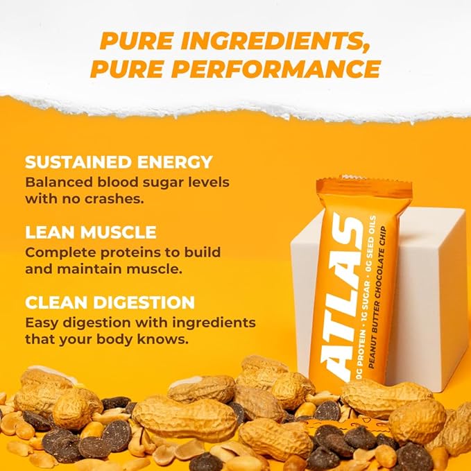 Atlas Real Food Protein Bar – 20g Clean Protein 1g Sugar No Seed Oils No Artificial Sweeteners (Peanut Butter Chocolate Chip 60 Count)