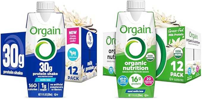 Bundle of Orgain 30g High Protein Shake Vanilla Bean 5g BCAAs 11 Fl Oz + Orgain Organic Nutritional Shake Vanilla Bean 16g Protein 20 Vitamins &amp Minerals 11 Fl Oz 12 Pack Each