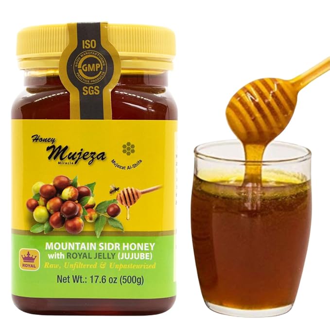 Authentic Mountain Sidr Honey with Royal Jelly – Jujube Honey Supports Mental Health Memory and Cognition 100% Natural Raw Liquid Honey Gluten Free (500g / 17.6oz)