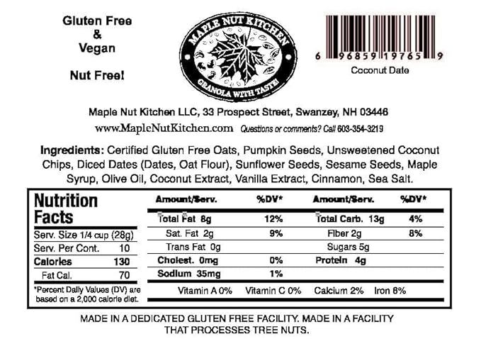 Maple Nut Kitchen Coconut Date Granola 3 Pack – Gluten-Free Vegan &amp Nut-Free Granola with Certified Oats Pumpkin Seeds Coconut Chips &amp Diced Dates – Low Sugar Crunchy Healthy Breakfast