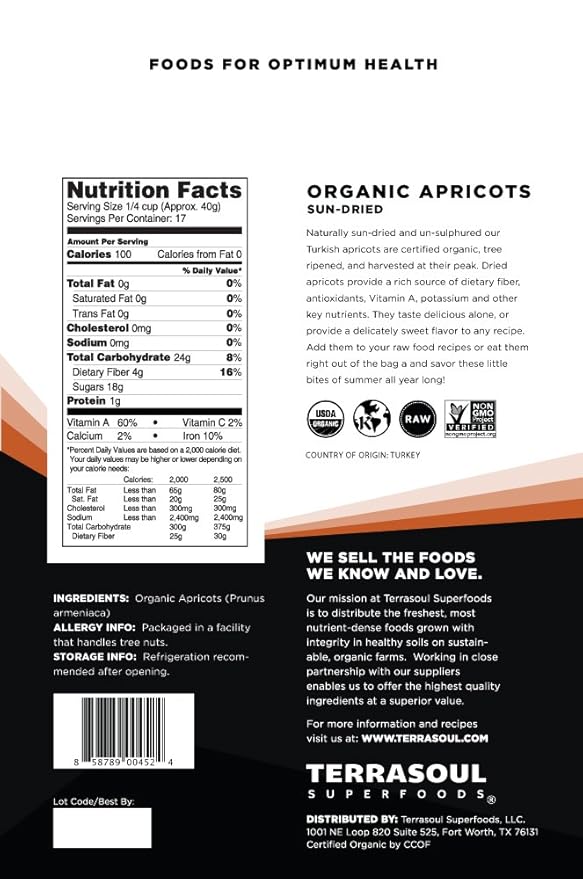 Terrasoul Superfoods Organic Apricots 2 Lbs Unsulphured No-Added Sugar Sweet and Tangy Delights for Snacking Baking and Vibrant Trail Mixes