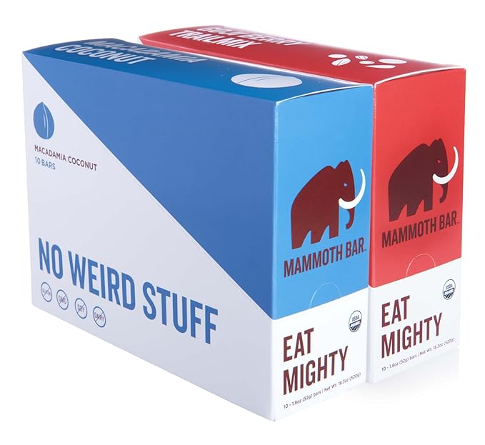 Mammoth Bar 20 pack saver bundle - 10 Macadamia Coconut &amp 10 Goji Berry Trail Mix Bars -Organic Protein Bars – Prebiotic • Gluten Free • Egg Protein • GMO Free • Raw • Premium Nuts