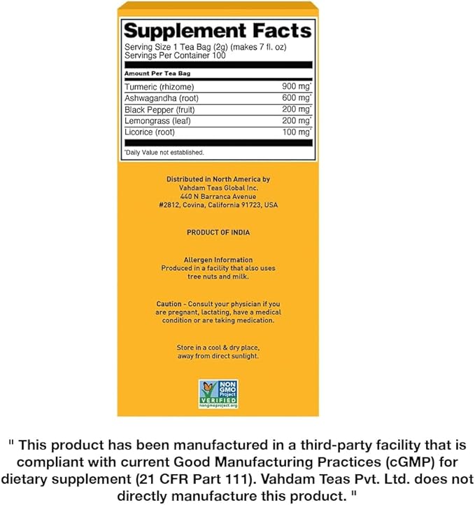 VAHDAM Turmeric Ashwagandha Herbal Tea Bags (100 Count) Caffeine Free Non GMO Gluten Free | 100% Pure Herbal Blend - Sweet &amp Earthy | Whole Leaf Tea Bags | Resealable Ziplock Pouch
