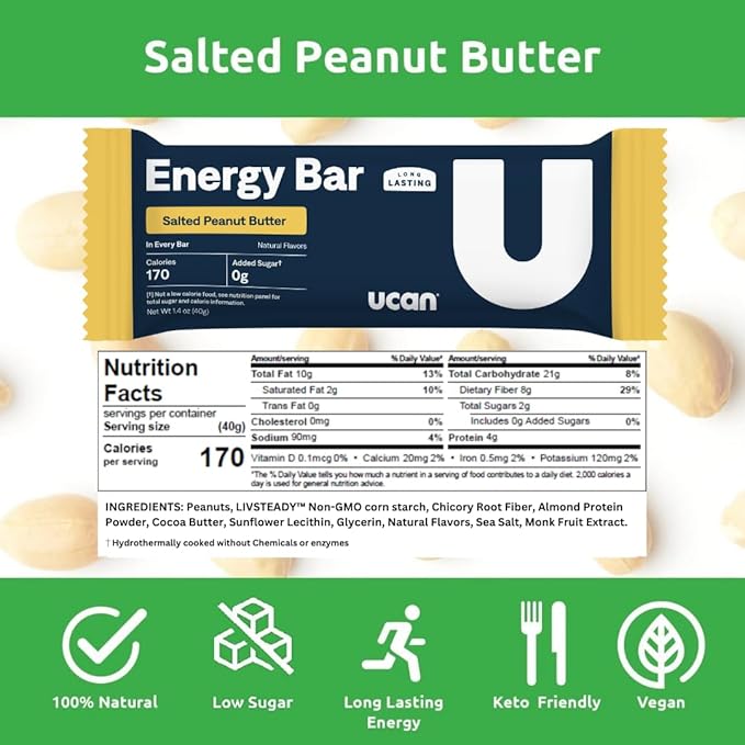 UCAN Energy Bars | Low Sugar Low Calories | Gut Friendly Caffeine-Free Vegan Non-GMO No Soy Keto Friendly | Running Cycling Fitness Pre &amp Post Workout | Salted Peanut Butter 12 Count