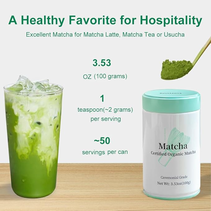 MatchAdmire Ceremonial Grade Matcha Powder Organic Green Tea Powder Rich Flavor100% Vegan with No Fillers Radiation-Free 3.53oz Tin