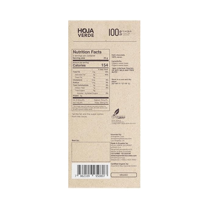 Hoja Verde Dark Chocolate Sugar Dairy Free Bars Keto Friendly Certified Organic | Vegan Natural Non-GMO and Gluten Free (100% Pure)