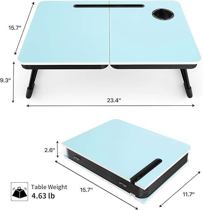 BUYIFY Foldable Laptop Bed Desk for Couch Sofa - Large Lap Desk Tray Table with Cup Holder and Tablet Slot - Portable Notebook Stand for Eating Writing Studying and WFH (Blue)