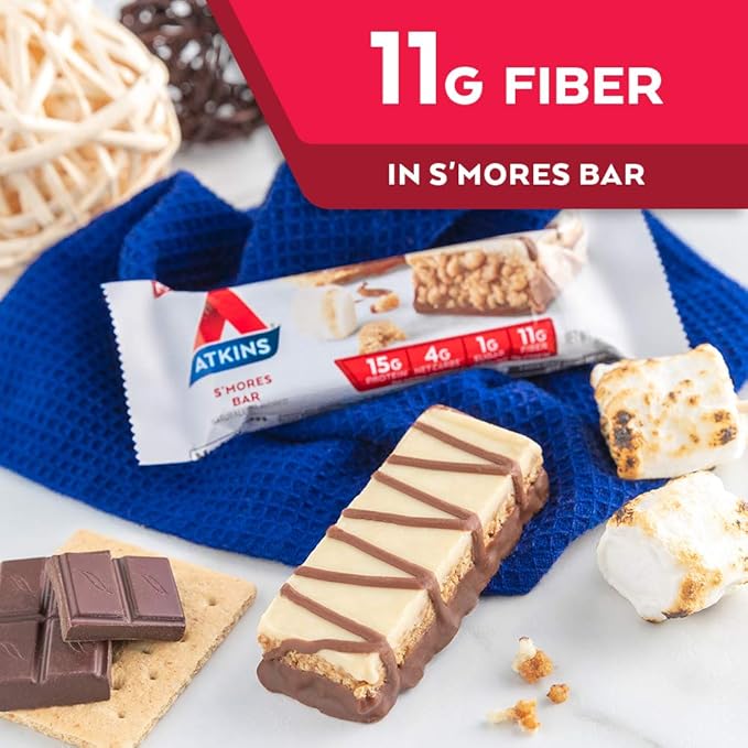 Atkins S’mores Protein Meal Bar High Fiber 1g Sugar 4g Net Carbs Meal Replacement Keto Friendly 5 Count