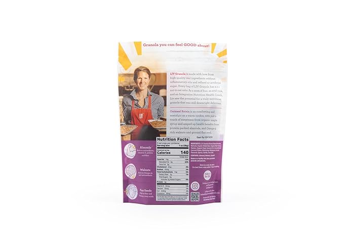 Liv Gourmet Oatmeal Raisin Granola - 8oz (Pack of 6) | Healthy Nutrient-Dense Snack Breakfast Cereal | 1:1 Nut-to-Oat Ratio | Non-GMO Low Sugar Vegan | Organic Oats No Artificial Ingredients No