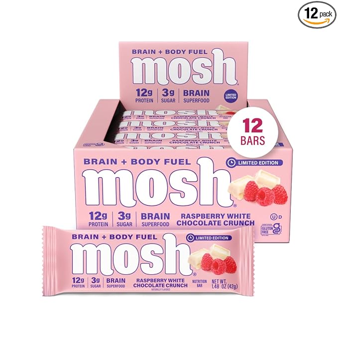 MOSH Raspberry White Chocolate Crunch Keto Protein Bars High Fiber Low Carb Gluten Free High Protein Brain Healthy Snack 12 Count
