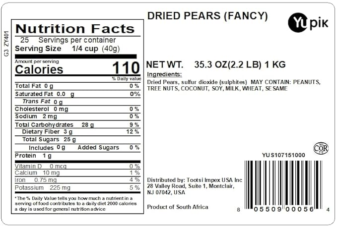 Yupik Dried Pears 2.2 lb (35.2 oz) Pack of 6 Kosher Vegan Dried Fruits Quartered Pieces Naturally Sweet No Sugar Added Source of Fiber Fruity Snacks Ideal for Baking &amp Topping