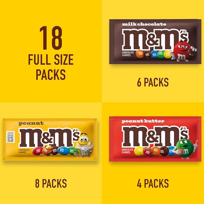 M&ampM'S Milk Chocolate Candy Variety Pack Full Size Pack of 18 Bulk Candy Chocolate