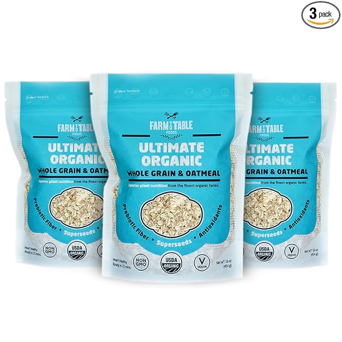 Farm to Table Foods Ultimate Organic Whole Grain Oatmeal – High-Protein Plant-Based Unsweetened Non-GMO – 3-Pack (16 oz. Bags)