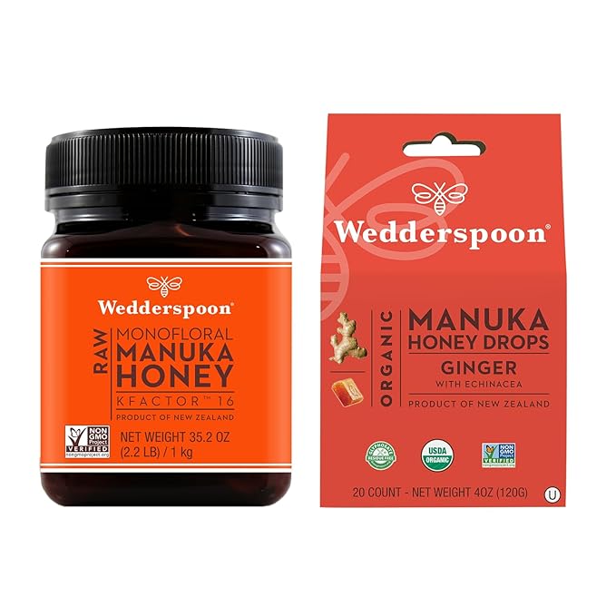 Bundle - Wedderspoon Raw Premium Manuka Honey KFactor 16 (35.2 Oz) and Manuka Honey Drops Ginger &amp Echinacea (4 Oz)