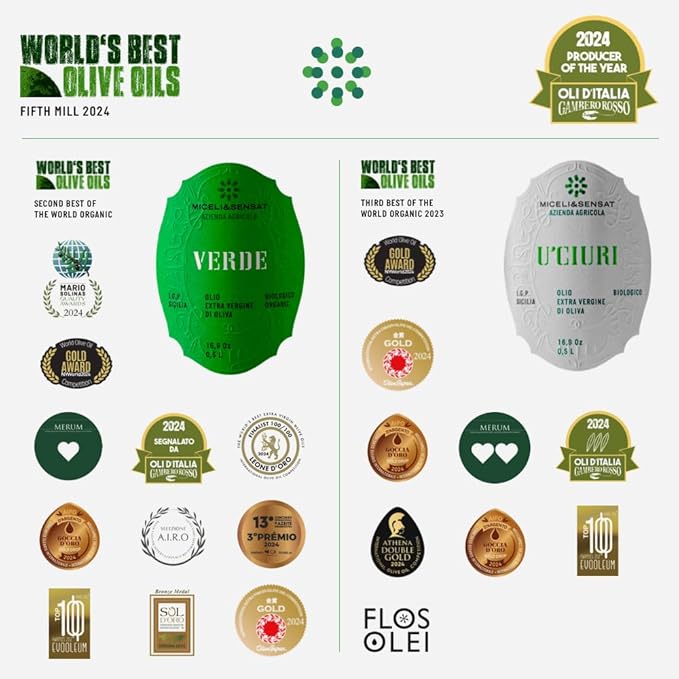 Green Robust Organic 500+ mg/kg Polyphenols Rich Italian Extra Virgin Olive Oil from Italy 2025 Gold Award High Antioxidants Peppery Finish Sicily Certified Origins Cold Pressed - 16.9 fl oz