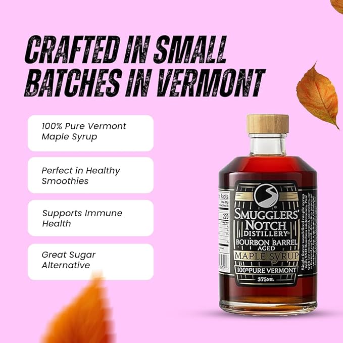 Smugglers’ Notch Maple Works – Bourbon Barrel Aged – 100% Pure Vermont Maple Syrup – Natural Sweetener &amp Gluten Free – Rich Taste – Waffles and Pancakes Cocktails Marinades 12.68 Fl Oz. (375 mL