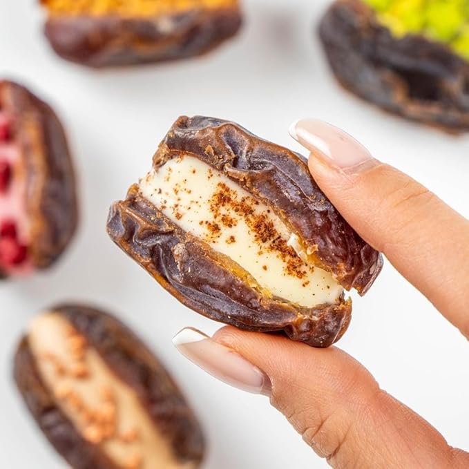 OMNIYA Delicacy Exquisite Medjool Dates 24 PCs Collection - Pistachio Strawberry Cinnamon Praline Lotus Ashta Cream - Essential Gift for Ramadan Eid Holidays Birthdays &amp Special Occasions