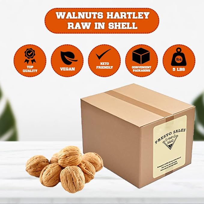 Walnuts Current new crop In shell Hartley choice Low-Carb High-Protein Unshelled Fresh Easy to crack Healthy snack Dietetic Vegan Packed in 5 lbs. (80 oz) box by Presto Sales