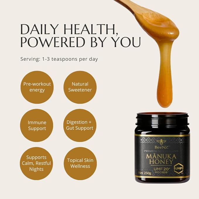 BeeNZ Raw Manuka Honey Certified UMF 20+ (MGO 829+) Pure New Zealand Manuka Natural Sweetener Superfood Honey for Wellness Support No Sugar Added Traceable from Hive to Jar Travel Friendly Size