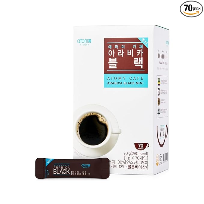 Atomy Arabica Black Instant Coffee Mini – 70 Sticks | Sugar-Free Dark Roast | Korean Café-Style Coffee