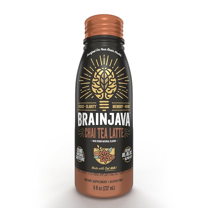 BrainJava Oat Milk Chai Tea Latte Ready to Drink Beverage With L-Theanine Vitamin C Vitamin B and Potassium for Daily Balance and Wellness Naturally Caffeine Free Black Tea With Spices 8 Fl Oz