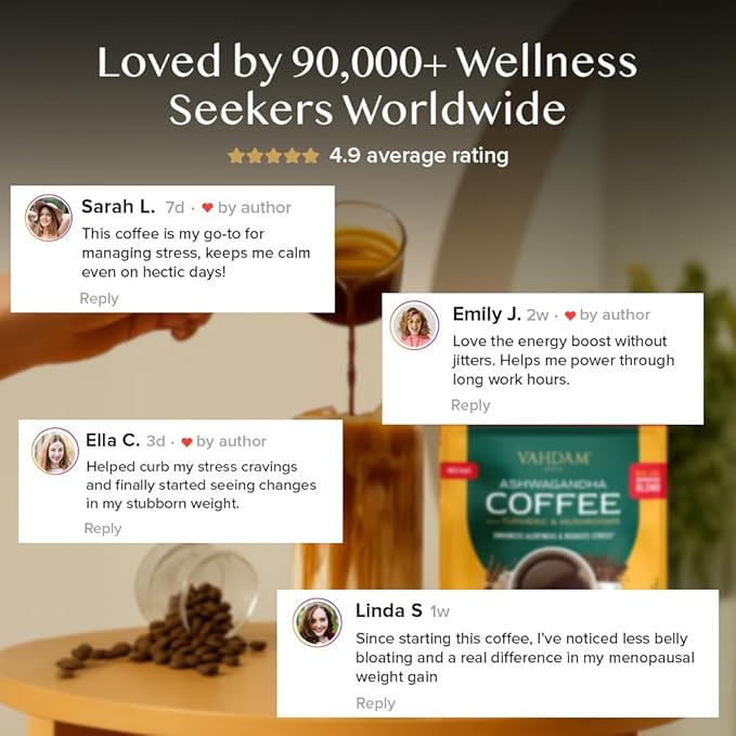 VAHDAM Ashwagandha Coffee with Turmeric Lion’s Mane &amp Chaga Mushroom | Clinically Proven KSM 66 Ashwagandha &amp Pure Arabica Coffee | Stress &amp Cortisol Support Better Energy - 40 servings