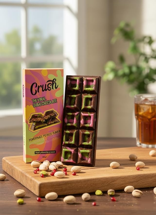 Crush Dubai Pistachio Pomegranate Chocolate Bar – 7 oz Luxury Gift Filled with Toasted Katafi Pomegranate Cream &amp Tahini Inspired by the Classic Knafeh Dessert
