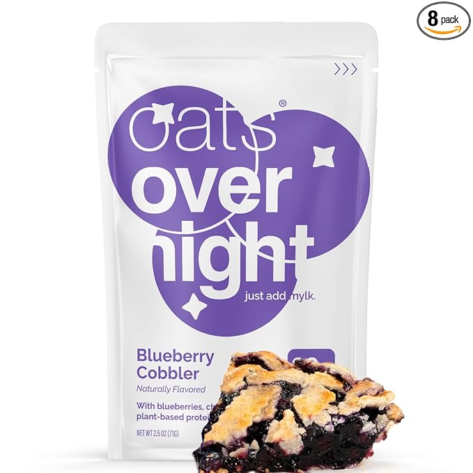 Oats Overnight - Blueberry Cobbler (8 Pack) Dairy Free High Protein Low Sugar Breakfast - Gluten Free High Fiber Non GMO Oatmeal (2.5oz per pack)