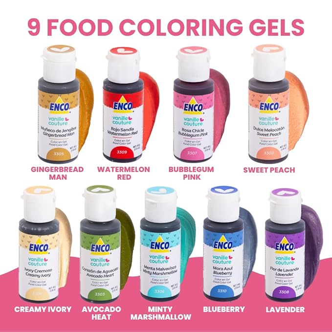 ENCO Yummy Collection 9 Food Coloring Gel Set 1.41 oz each (40 g) includes Cookie Decoration Guide