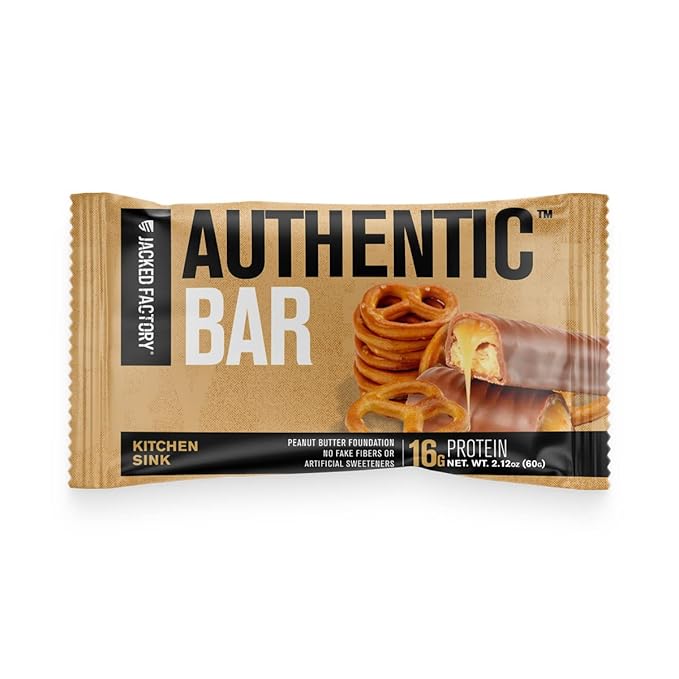 Jacked Factory Authentic Bar Kitchen Sink Protein Bars - Tasty Meal Replacement Energy Bars | 16g Whey Protein Isolate Natural Sugars from Pure Honey Healthy Fat Peanut Butter Foundation | 12 Pack